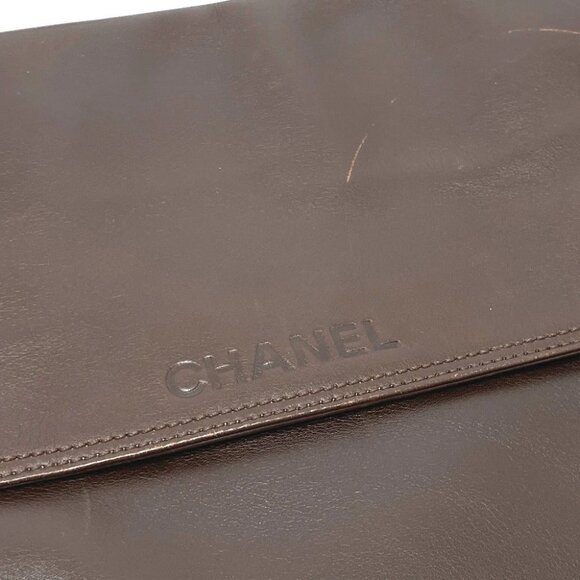 CHANEL Logo Sacosh Shoulder Bag Lambskin Leather Brown - Picture 7 of 13